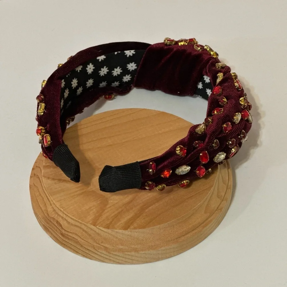 Red Rhinestone Burgundy Velvet Knot Headband - Picture 5 of 10